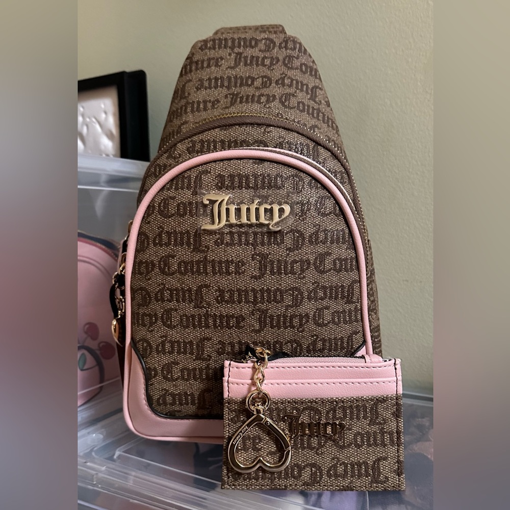 2 Piece Set-Juicy Couture Chestnut Chino Raising Star Sling Bag w/ Card Case